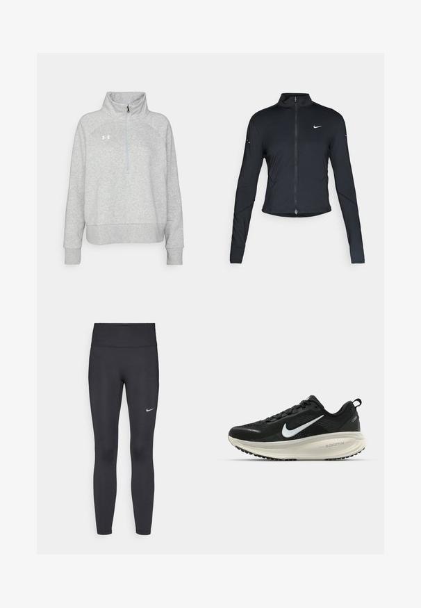 Czarna, długorękawowa, sportowa kurtka z zamkiem błyskawicznym z przodu i białym logo Nike swoosh na lewej piersi, zaprojektowana z myślą o szczupłym kroju.; Szary polarowy sweter z wysokim kołnierzem, zamkiem błyskawicznym na ćwierć, rękawami raglanowymi i ściągaczami przy mankietach. Posiada logo na lewej piersi.; Czarne legginsy z elastycznego materiału, z wysokim pasem i białym logo Nike na lewym udzie. Gładka tekstura, dopasowany krój.; Czarna biegowa półbut z oddychającej siateczki, białym logo swoosh, teksturowanymi detalami oraz kremową podeszwą środkową ZoomX.