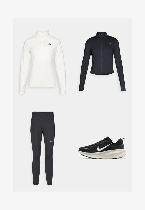 Črna dolgoprogaška jakna s dolgimi rokavi, z zadrgo spredaj in belim logotipom Nike na levem prsnem delu, zasnovana za ohlapno prileganje.; Bel bela flis pulover s visokim ovratnikom in pol-zipsom. Ima črn logotip na levem prsnem delu in dolge, prilegajoče se rokave.; Črne legice iz elastične tkanine, z visokim pasom in belim Nike logo na levem stegnu. Gladka tekstura, oblikovno prilegajoč dizajn.; Črne Nike tekaške čevlje z zračno mrežno zgornjim delom, belim logotipom Swoosh, teksturiranimi detajli in smetanasto barvnim srednjim delom ZoomX.