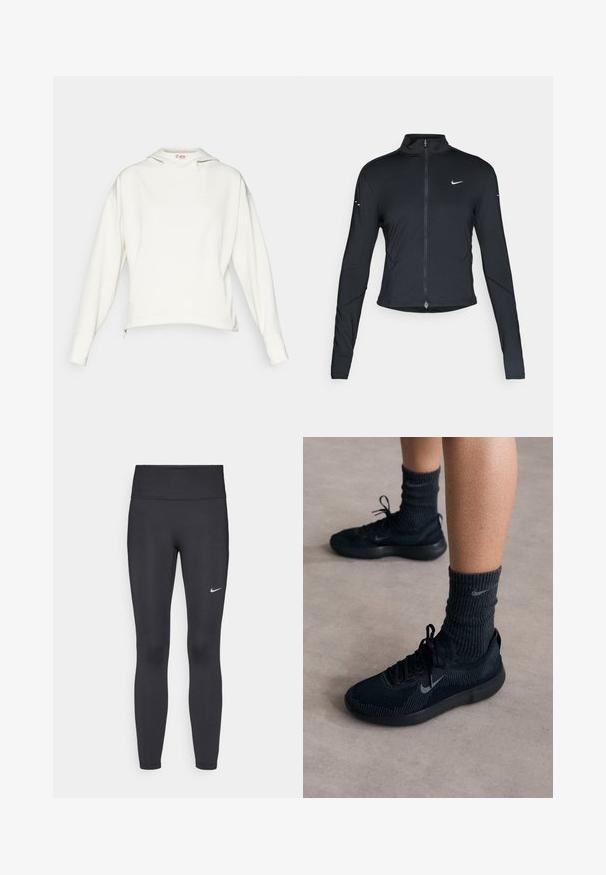Zwarte lange mouwen sportjack met rits aan de voorkant en wit Nike swoosh-logo op de linkerborst, ontworpen voor een slank figuur.; Witte hoodie met lange mouwen, relaxte pasvorm, zijritsen en een klein logo op de borst. Zacht materiaal, minimalistisch ontwerp.; Zwarte legging van rekbare stof met een hoge tailleband en een wit Nike-logo op de linkerdij. Gladde textuur, aansluitend ontwerp.; Zwarte Nike-sneakers met een gestructureerde breisolen, voorzien van een grijze swoosh-logo, gedragen met donkere geribde sokken. Vlakke rubberen zool.
