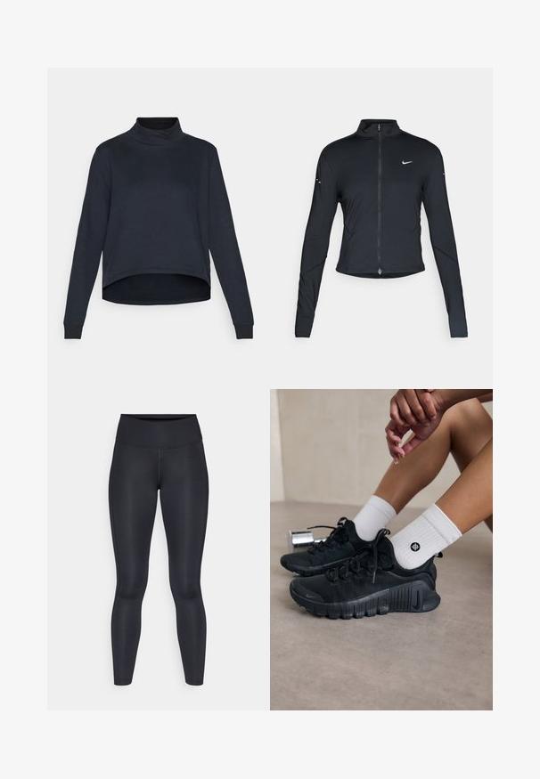 Melnā garo piedurkņu sporta jaka ar priekšējo rāvējslēdzēju un baltu Nike swoosh logo uz kreisā krūts, paredzēta ciešai piegriezei.; Yogasearcher BOTHI - Ikdienas džemperis - black; Melnas legingi, izgatavoti no gludas, elastīgas auduma. Augsts jostasvieta bez redzamām rakstiem vai akcentiem. Cieši pieguļ no jostas līdz potītēm.; Melnas sporta kurpes ar teksturētu audumu, saistītu dizainu un izteiktu zoli, savienotas ar baltām ribotām zeķēm ar mazu logo.