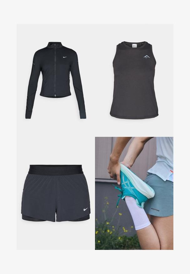 Schwarze, langärmelige Sportjacke mit Frontreißverschluss und weißem Nike-Swoosh-Logo auf der linken Brust, entworfen für eine schlanke Passform.; Schwarzes, sportliches Trägershirt mit rundem Ausschnitt, das ein kleines blaues Logo auf der Brust und einen glatten, leichten Stoff aufweist.; Schwarze Sportshorts mit elastischem Bund, ausgestattet mit einem geschichteten Design und einem kleinen weißen Nike-Logo unten links. Leichtes Material.; Türkise Sportschuh mit strukturierter Oberfläche, weißen Schnürsenkeln und Sohle. Person mit einem gestreckten Bein trägt eine weiße Socke und graue Sportshorts.