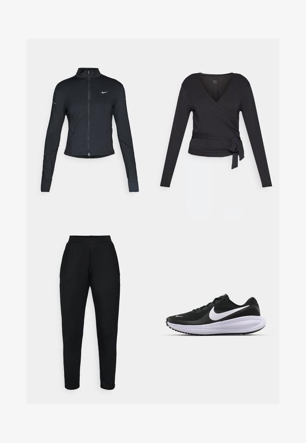 Schwarze, langärmelige Sportjacke mit Frontreißverschluss und weißem Nike-Swoosh-Logo auf der linken Brust, entworfen für eine schlanke Passform.; Schwarzes Longsleeve-Wickeloberteil mit V-Ausschnitt und seitlichem Bindegürtel. Hergestellt aus weichem, glattem Stoff mit einer figurnahen Silhouette.; Schwarze, taillierte Hose mit elastischem Bund, ausgestattet mit Seitentaschen und einer glatten, weichen Textur. Eignet sich für Freizeit- oder Sportbekleidung.; Schwarzer Sportschuh mit einem strukturierten Mesh-Obermaterial, weißem Swoosh-Logo, gepolstertem Kragen und einer dicken, gepolsterten weißen Zwischensohle. Gummilaufsohle.