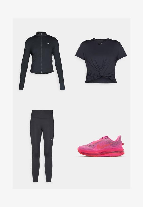 Must have pika, pikkade varrukatega sportlik jakk, ees lukuga ja valge Nike swooshi logo vasakul rinnal, mõeldud kitsaks sobivuseks.; Mustmust musta sportlik T-särk, mis on valmistatud sujuvast kangast, millel on sõlmega esikülg ja väike valge Nike logo rinnal.; Mustad mustadest leggingid, mis on valmistatud venivast kangast, kõrge vöökoha ja valge Nike logo abil vasakul reiel. Sile tekstuur, keha järgiv disain.; Nike jooksujalats, millel on võrkkanga pealis osa erkkollastes roosa toonides, gradatsiooniga aktsendid, nähtav õhuüksus ja tekstureeritud tald haardeks.