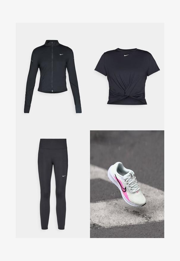 Black long-sleeve athletic jacket with front zipper and white Nike swoosh logo on left chest, designed for a slim fit.; Black athletic t-shirt made of smooth fabric, featuring a knotted front design and a small white Nike logo on the chest.; Black leggings made of stretchy fabric, featuring a high waistband and a white Nike logo on the left thigh. Smooth texture, form-fitting design.; Lightweight running shoe in white mesh, featuring pink and black accents, raised heel, and textured sole, positioned mid-air above pavement.