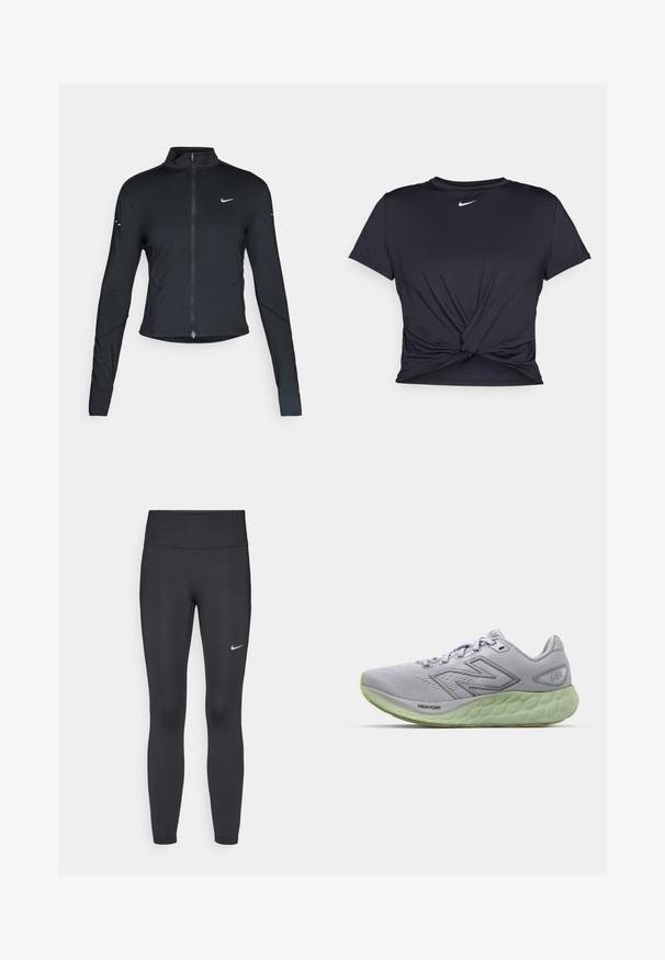 Svart långärmad träningsjacka med framdragkedja och vitt Nike-swoosh-logotyp på vänster bröst, designad för en slim fit.; Svart atletisk t-shirt i mjukt tyg, med en knuten framdesign och en liten vit Nike-logga på bröstet.; Svarta leggings i elastiskt material, med hög midja och en vit Nike-logga på vänster lår. Slät textur, figurnära design.; Ljusgrå löparsko med en strukturerad ovandel, standard snörning och en dämpad grön sula. Har formade detaljer och branding.