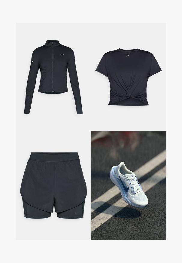 Fekete, hosszú ujjú sportdzseki elején zippzárral és fehér Nike swoosh logóval a bal mellen, karcsú fazonra tervezve.; Fekete sportpóló sima anyagból, elöl megkötős dizájnnal, a mellkason egy kis fehér Nike logóval.; Fekete sportnadrág réteges kialakítással, sima külső résszel és illeszkedő belső nadrággal. Könnyű, rugalmas anyagból készült.; Fehér sportcipő lélegző hálós felsőrésszel és kék kiegészítőkkel. Párnázott talppal és lapos fűzőkkel rendelkezik. A középtalpán az "Air Zoom" márkajelzés látható.