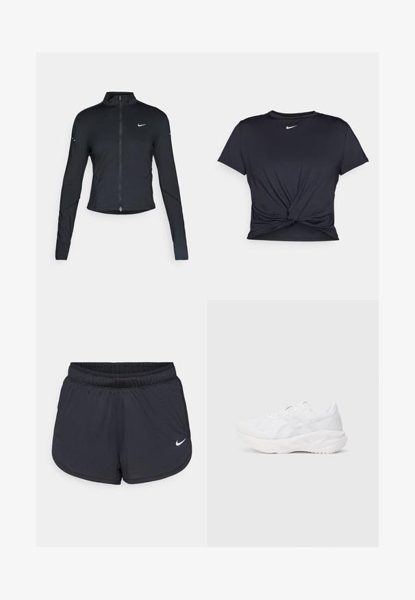 Schwarze, langärmelige Sportjacke mit Frontreißverschluss und weißem Nike-Swoosh-Logo auf der linken Brust, entworfen für eine schlanke Passform.; Schwarzes Sport-T-Shirt aus glattem Stoff, mit einem geknoteten Vorderdesign und einem kleinen weißen Nike-Logo auf der Brust.; Schwarze Sportshorts mit elastischem Bund, sportlichem Design und weißem Nike-Logo vorne unten. Strukturierter Stoff.; Weißer Sportschuh mit einem atmungsaktiven Obermaterial aus Netzgewebe und gepolsterter Sohle, ausgestattet mit einem strukturierten Muster und minimalistischen Designelementen.