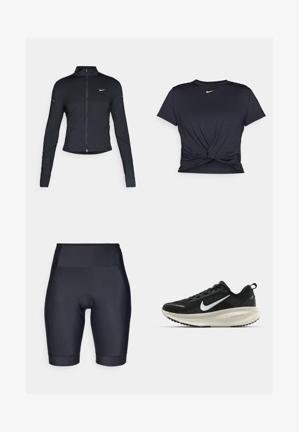 Svart långärmad träningsjacka med framdragkedja och vitt Nike-swoosh-logotyp på vänster bröst, designad för en slim fit.; Svart atletisk t-shirt i mjukt tyg, med en knuten framdesign och en liten vit Nike-logga på bröstet.; Svarta cykelbyxor tillverkade av mjukt, elastiskt tyg. Hög midja med vadderad insats och söms detaljer.; Svart Nike löparsko med andningsbart mesh-ovandel, vit swoosh-logotyp, texturerad detaljering och en krämfärgad ZoomX-mellansula.