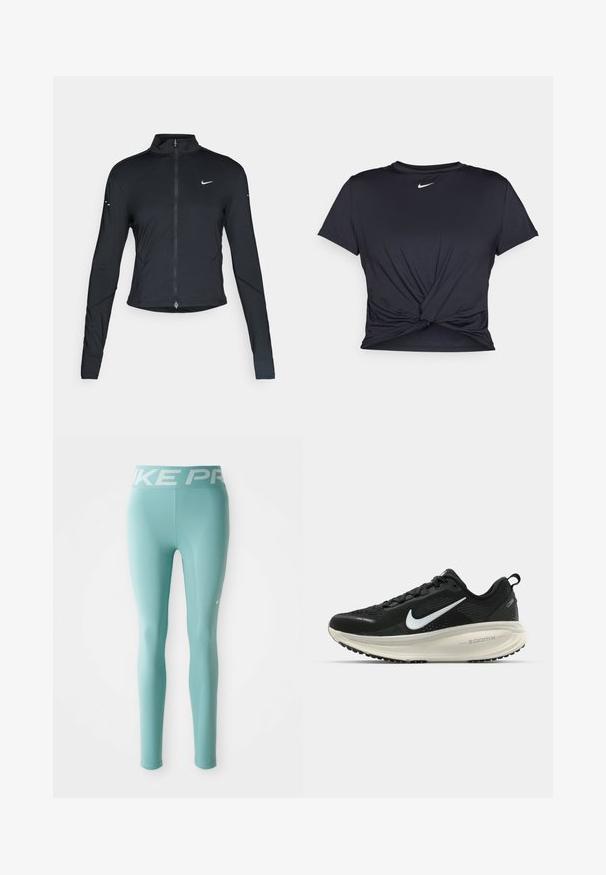 Giacca sportiva nera a maniche lunghe con zip frontale e logo Nike swoosh bianco sul lato sinistro del petto, progettata per una vestibilità slim.; Maglietta atletica nera realizzata in tessuto liscio, con un design anteriore annodato e un piccolo logo Nike bianco sul petto.; Leggings atletici a lunghezza intera di colore blu chiaro con una cintura bianca con il marchio Nike Pro e un piccolo swoosh bianco sulla coscia destra.; Scarpa da corsa nera Nike con tomaia in rete traspirante, logo Swoosh bianco, dettagli testurizzati e intersuola ZoomX di colore crema.