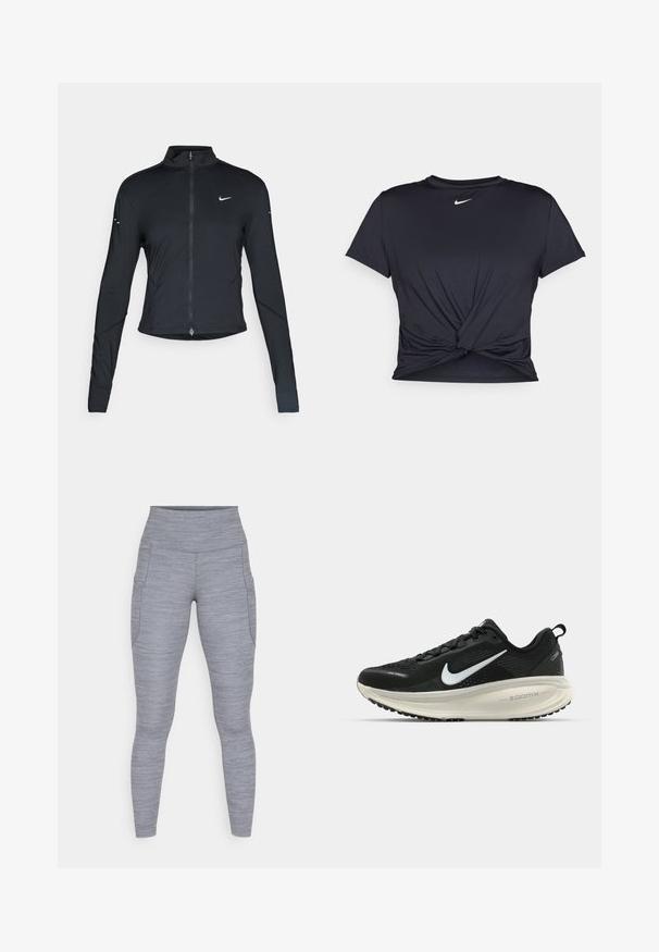 Giacca sportiva nera a maniche lunghe con zip frontale e logo Nike swoosh bianco sul lato sinistro del petto, progettata per una vestibilità slim.; Maglietta atletica nera realizzata in tessuto liscio, con un design anteriore annodato e un piccolo logo Nike bianco sul petto.; Leggings atletici grigi realizzati in tessuto testurizzato, con vita alta e tasche laterali. Il design è aderente e slanciato.; Scarpa da corsa nera Nike con tomaia in rete traspirante, logo Swoosh bianco, dettagli testurizzati e intersuola ZoomX di colore crema.