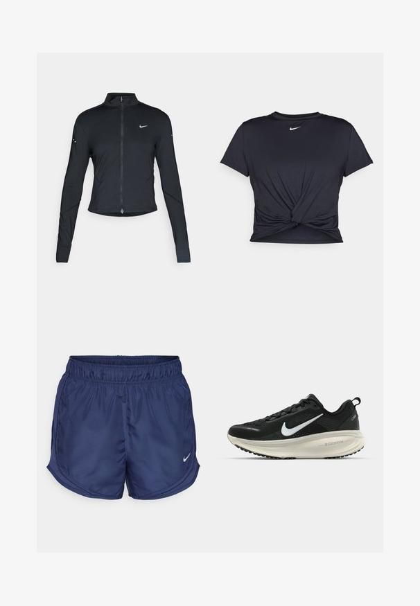 Čierna športová bunda s dlhým rukávom, s predným zipsom a bielym logom Nike swoosh na ľavom prsníku, navrhnutá na tesný strih.; Čierne atletické tričko vyrobené z hladkej tkaniny, so zaväzovaným predným dizajnom a malým bielym logom Nike na hrudi.; Námornícke športové šortky s elastickým pásom a bočnými sieťovanými panelmi. Obsahujú malé biele logo Nike v dolnom ľavom rohu.; Čierne bežecké topánky Nike s priedušnou sieťovinou, bielym logom s symbolom swoosh, textúrovanými detailmi a krémovou ZoomX medzipodrážkou.