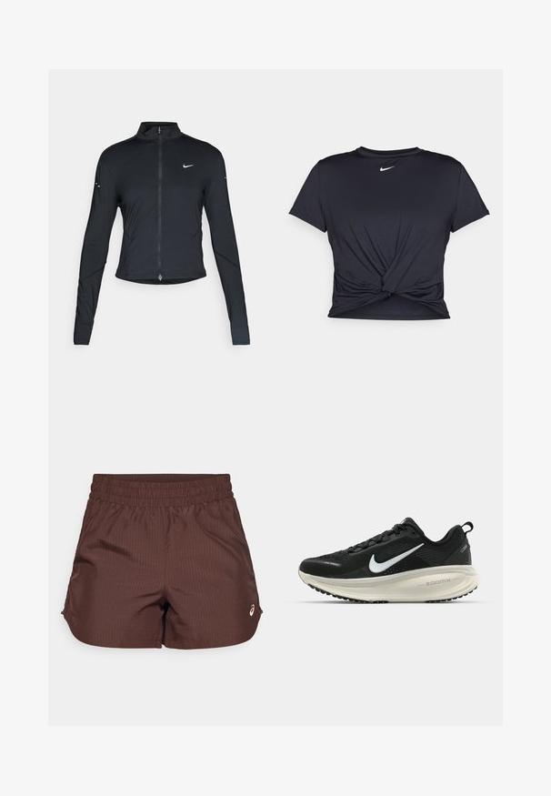 Fekete, hosszú ujjú sportdzseki elején zippzárral és fehér Nike swoosh logóval a bal mellen, karcsú fazonra tervezve.; Fekete sportpóló sima anyagból, elöl megkötős dizájnnal, a mellkason egy kis fehér Nike logóval.; Barna sportnadrág bordázott textúrával, gumírozott derékrésszel és egy világos színű, kis logóval az alsó elülső oldalon.; Fekete Nike futócipő légáteresztő hálós felsőrésszel, fehér Swoosh logóval, textúrázott részletekkel és krém színű ZoomX középtalppal.