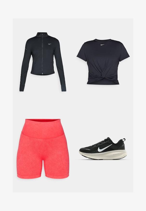 Jaqueta atlética preta de mangas longas com fecho na frente e logótipo do swoosh da Nike branco no peito esquerdo, projetada para um ajuste slim.; T-shirt atlético preto feito de tecido liso, apresentando um design frontal com nó e um pequeno logótipo branco da Nike no peito.; Calções de desporto cor-de-rosa com cintura alta, feitos de um material liso e elástico. Apresentam uma cor sólida e um design sem costuras, sem adornos.; Sapatilha de corrida Nike preta com parte superior de malha respirável, logotipo Swoosh branco, detalhes texturizados e uma entressola ZoomX na cor creme.