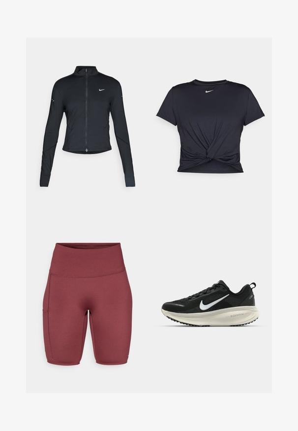 Schwarze, langärmelige Sportjacke mit Frontreißverschluss und weißem Nike-Swoosh-Logo auf der linken Brust, entworfen für eine schlanke Passform.; Schwarzes Sport-T-Shirt aus glattem Stoff, mit einem geknoteten Vorderdesign und einem kleinen weißen Nike-Logo auf der Brust.; Bordeauxfarbene, hoch geschnittene Shorts aus glattem, elastischem Material. Verfügt über eine Seitentasche und ein enganliegendes Design, geeignet für aktive Freizeitbekleidung.; Schwarzer Nike-Laufschuh mit atmungsaktivem Mesh-Obermaterial, weißem Swoosh-Logo, strukturierten Details und einer cremefarbenen ZoomX-Zwischensohle.