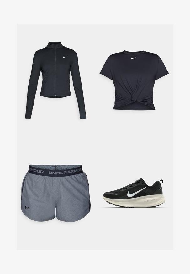 Juoda ilgomis rankovėmis sportinė striukė su priekiniais užtrauktukais ir baltu "Nike" swoosh logotipu kairėje krūtinės pusėje, sukurta siauram pritaikymui.; Juodas sportinis marškinėlis, pagamintas iš lygios medžiagos, su surišta priekiu ir mažu baltu Nike logotipu ant krūtinės.; Pilkos sportinės šortai su juodu elastingu juosmeniu, ant kurio yra "UNDER ARMOUR" logotipas. Pagaminti iš tekstūruoto audinio su lygia apdaila.; Juodas Nike sportinis batelis su kvėpuojančiu tinklu, baltu swoosh logotipu, tekstūruoto dizaino detalėmis ir grietinėlės spalvos ZoomX viduriu.