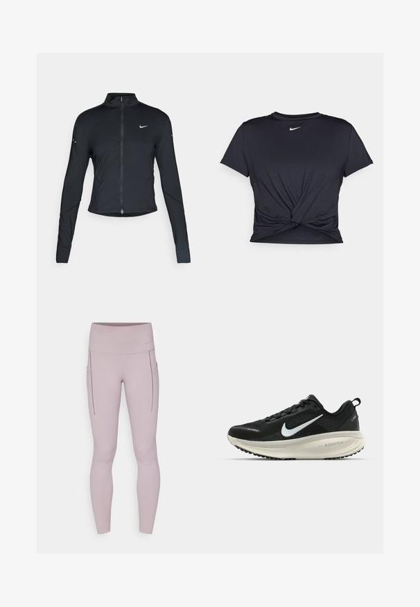 Black long-sleeve athletic jacket with front zipper and white Nike swoosh logo on left chest, designed for a slim fit.; Black athletic t-shirt made of smooth fabric, featuring a knotted front design and a small white Nike logo on the chest.; Leggings in light mauve, made of stretchy fabric, featuring a high waistband and side pockets with stitching details.; Black Nike running shoe with breathable mesh upper, white swoosh logo, textured detailing, and a cream-colored ZoomX midsole.
