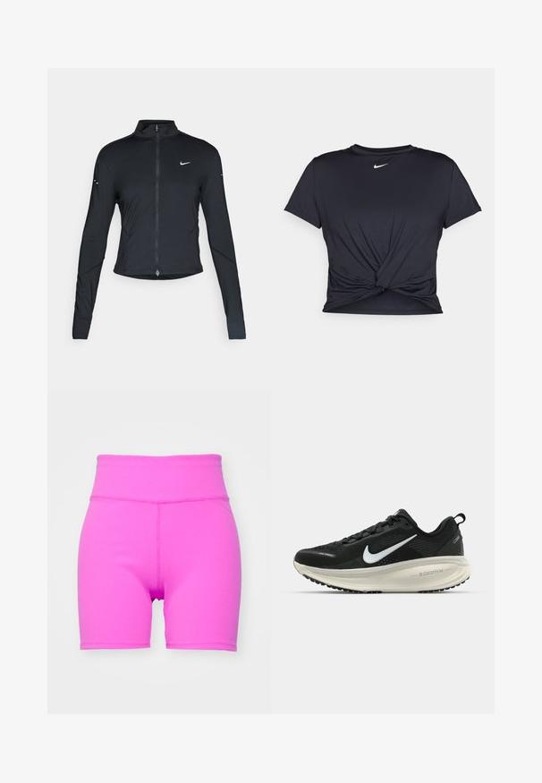 Black long-sleeve athletic jacket with front zipper and white Nike swoosh logo on left chest, designed for a slim fit.; Black athletic t-shirt made of smooth fabric, featuring a knotted front design and a small white Nike logo on the chest.; High-waisted, ribbed bike shorts in bright pink. Features a stretchy fabric for comfort, with a smooth waistband and sleek cut.; Black Nike running shoe with breathable mesh upper, white swoosh logo, textured detailing, and a cream-colored ZoomX midsole.