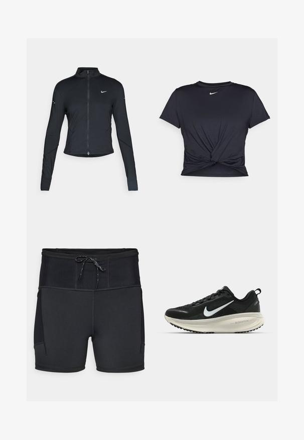 Czarna, długorękawowa, sportowa kurtka z zamkiem błyskawicznym z przodu i białym logo Nike swoosh na lewej piersi, zaprojektowana z myślą o szczupłym kroju.; Czarna sportowa koszulka z gładkiego materiału, z wiązanym przodem i małym białym logo Nike na piersi.; Czarne szorty sportowe z wysokim stanem, teksturowaną górną częścią i sznurkiem. Posiadają płaskie szwy oraz boczne kieszenie.; Czarna biegowa półbut z oddychającej siateczki, białym logo swoosh, teksturowanymi detalami oraz kremową podeszwą środkową ZoomX.