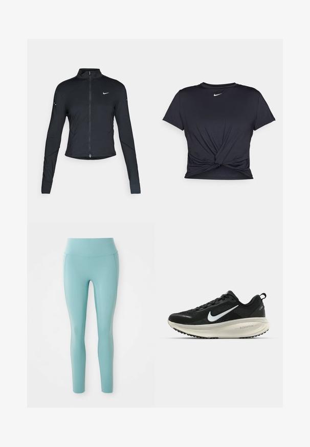 Svart långärmad träningsjacka med framdragkedja och vitt Nike-swoosh-logotyp på vänster bröst, designad för en slim fit.; Svart atletisk t-shirt i mjukt tyg, med en knuten framdesign och en liten vit Nike-logga på bröstet.; Ljusblå tights i stretchigt material, med hög midja och en slät, diskret design utan utsmyckningar.; Svart Nike löparsko med andningsbart mesh-ovandel, vit swoosh-logotyp, texturerad detaljering och en krämfärgad ZoomX-mellansula.