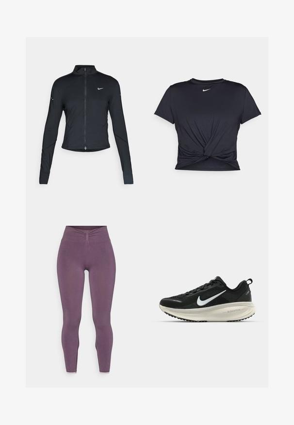 Must have pika, pikkade varrukatega sportlik jakk, ees lukuga ja valge Nike swooshi logo vasakul rinnal, mõeldud kitsaks sobivuseks.; Mustmust musta sportlik T-särk, mis on valmistatud sujuvast kangast, millel on sõlmega esikülg ja väike valge Nike logo rinnal.; Yogasearcher CHENDA SEAMLESS LEGGING - Retuusid - topaze; Musthave mustus Nike jooksujalats, millel on hingav võrgust ülemine osa, valge swoosh logo, tekstuuriga detailid ja kreemja värvusega ZoomX vahevöö.