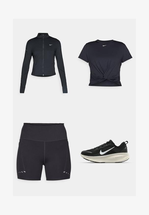 Giacca sportiva nera a maniche lunghe con zip frontale e logo Nike swoosh bianco sul lato sinistro del petto, progettata per una vestibilità slim.; Maglietta atletica nera realizzata in tessuto liscio, con un design anteriore annodato e un piccolo logo Nike bianco sul petto.; Pantaloni sportivi neri con una texture liscia, vita alta e accenti bianchi a contrasto sui lati. Realizzati in materiale elasticizzato e traspirante.; Scarpa da corsa nera Nike con tomaia in rete traspirante, logo Swoosh bianco, dettagli testurizzati e intersuola ZoomX di colore crema.