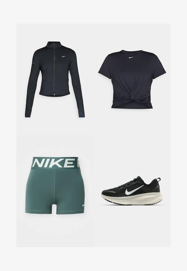 Svart langermet treningsjakke med glidelås foran og hvit Nike swoosh-logo på venstre bryst, designet for en slank passform.; Svart trenings T-skjorte laget av glatt stoff, med en knyttet frontdesign og en liten hvit Nike-logo på brystet.; Grønne sportsshorts med bred elastisk linning som har "NIKE" i lys farge, og en liten hvit logo nederst på høyre ben.; Svart Nike løpesko med pustende mesh-overdel, hvit swoosh-logo, teksturert detaljer og en kremfarget ZoomX mellomsåle.