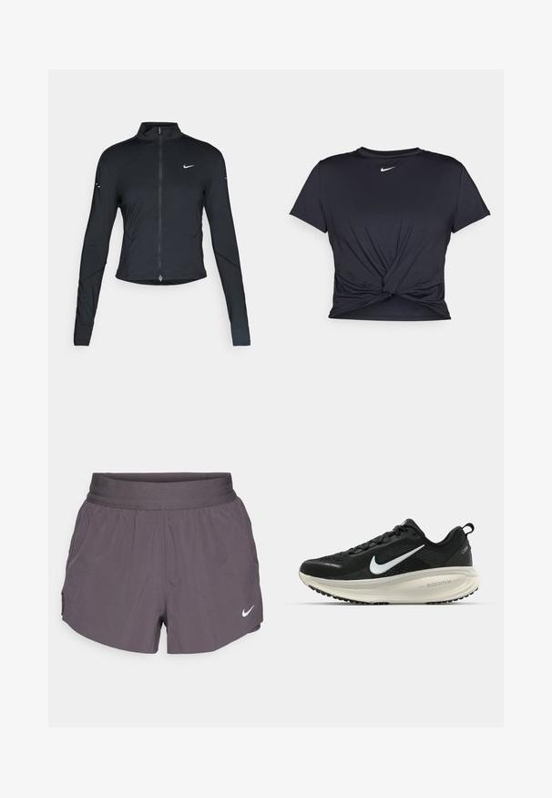 Sort langærmet træningsjakke med frontlynlås og hvid Nike swoosh-logo på venstre bryst, designet til en tætsiddende pasform.; Sort atletisk t-shirt lavet af glat stof, med et knyttet frontdesign og et lille hvidt Nike-logo på brystet.; Nike løbeshorts i mørkegrå med en bred elastisk talje, letvægtsstof, sidelommer og et diskret logo i hvid.; Sort Nike løbesko med åndbart mesh-overdel, hvidt swoosh-logo, tekstureret detaljering og en cremede ZoomX mellemsål.
