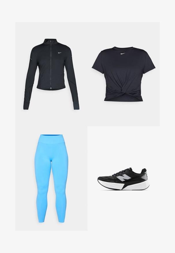 Černá sportovní bunda s dlouhým rukávem, s předním zapínáním na zip a bílým logem Nike swoosh na levé části hrudníku, navržena pro slim fit.; Černé sportovní tričko vyrobené z hladkého materiálu, s uzlovým designem vpředu a malým bílým logem Nike na hrudi.; Modré legíny vyrobené z elastického materiálu s vysokým pasem. Hladká textura a obepínající design, sahající až k kotníkům.; Černobílá běžecká bota New Balance s tlustou podrážkou, síťovaným svrškem a logem "N" na boku, sledována z vnější strany.
