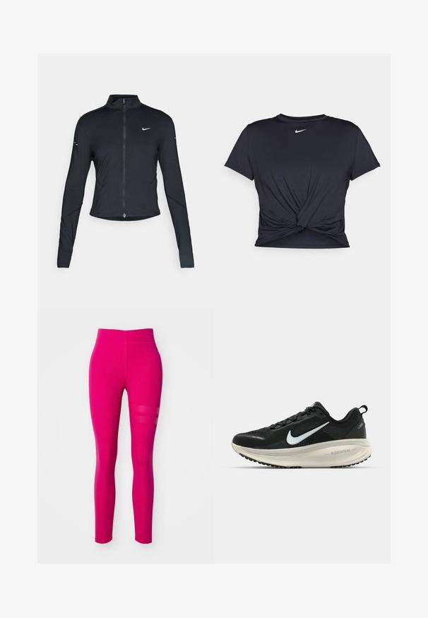 Black long-sleeve athletic jacket with front zipper and white Nike swoosh logo on left chest, designed for a slim fit.; Black athletic t-shirt made of smooth fabric, featuring a knotted front design and a small white Nike logo on the chest.; Pink high-waisted leggings made of stretchy fabric with a smooth texture, featuring horizontal striped accents in a mesh pattern on the side.; Black Nike running shoe with breathable mesh upper, white swoosh logo, textured detailing, and a cream-colored ZoomX midsole.
