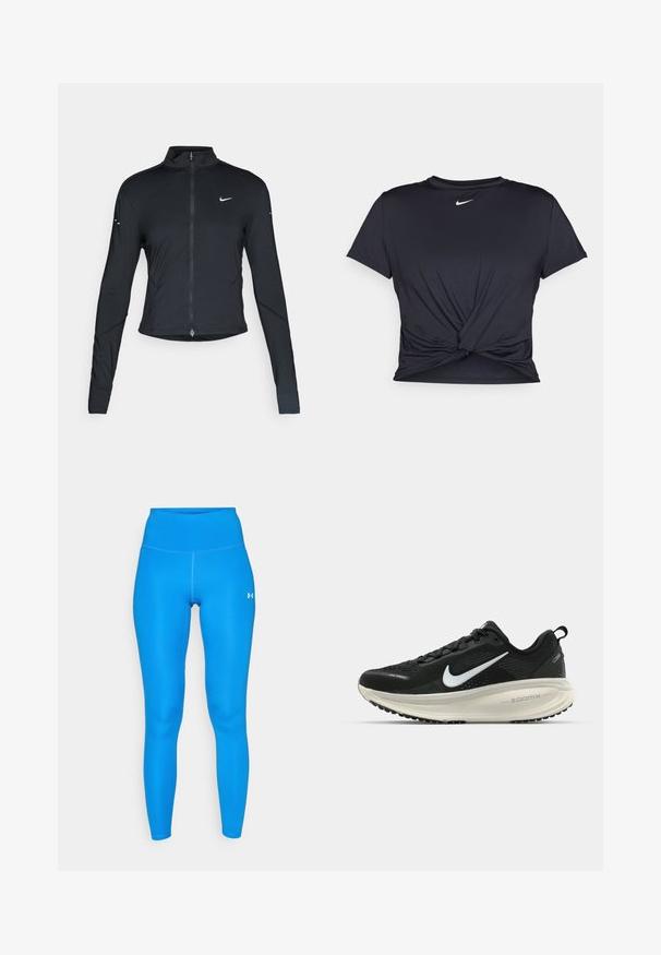 Black long-sleeve athletic jacket with front zipper and white Nike swoosh logo on left chest, designed for a slim fit.; Black athletic t-shirt made of smooth fabric, featuring a knotted front design and a small white Nike logo on the chest.; Blue athletic leggings with a high waistband, smooth texture, and contrasting stitching. Features a small logo on the lower right leg.; Black Nike running shoe with breathable mesh upper, white swoosh logo, textured detailing, and a cream-colored ZoomX midsole.