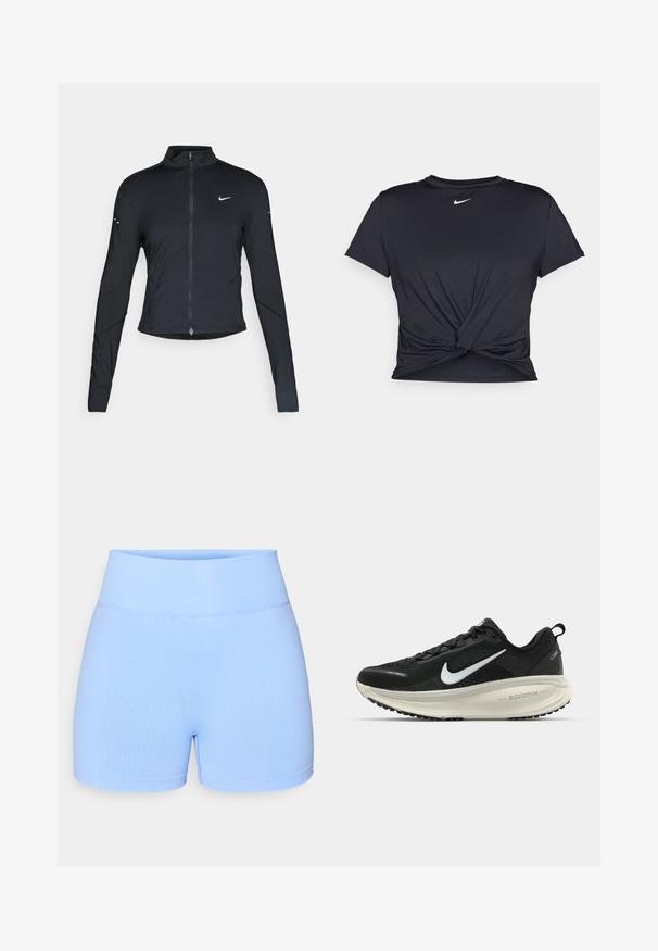 Giacca sportiva nera a maniche lunghe con zip frontale e logo Nike swoosh bianco sul lato sinistro del petto, progettata per una vestibilità slim.; Maglietta atletica nera realizzata in tessuto liscio, con un design anteriore annodato e un piccolo logo Nike bianco sul petto.; Shorts azzurri chiari realizzati in un tessuto morbido ed elastico. Presentano una cintura ampia a costine e un design semplice senza motivi o dettagli visibili.; Scarpa da corsa nera Nike con tomaia in rete traspirante, logo Swoosh bianco, dettagli testurizzati e intersuola ZoomX di colore crema.