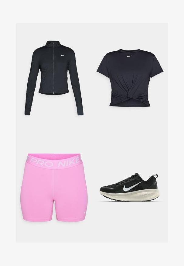 Jachetă sport neagră cu mâneci lungi, fermoar frontal și logo-ul alb al Nike pe pieptul stâng, concepută pentru o croială ajustată.; Tricou sport negru din material neted, cu un design frontal legat și un mic logo Nike alb pe piept.; Shorts Nike Pro în roz aprins, confecționați dintr-un material sintetic neted. Au un talie lată cu logo și un design slim fit, cu cusături în contrast.; Pantofii de alergare negri de la Nike, cu parte superioară din plasă respirabilă, logo-ul alb Swoosh, detalii texturate și o talpă intermediară ZoomX de culoare crem.