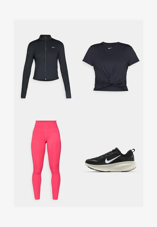 Sort langærmet træningsjakke med frontlynlås og hvid Nike swoosh-logo på venstre bryst, designet til en tætsiddende pasform.; Sort atletisk t-shirt lavet af glat stof, med et knyttet frontdesign og et lille hvidt Nike-logo på brystet.; Figurtilpassede leggings i livlig pink. Fremstillet af glat, strækbart stof med en høj talje. Har et lille logo i nedre del af benet.; Sort Nike løbesko med åndbart mesh-overdel, hvidt swoosh-logo, tekstureret detaljering og en cremede ZoomX mellemsål.