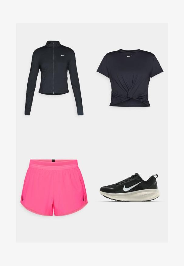 Svart långärmad träningsjacka med framdragkedja och vitt Nike-swoosh-logotyp på vänster bröst, designad för en slim fit.; Svart atletisk t-shirt i mjukt tyg, med en knuten framdesign och en liten vit Nike-logga på bröstet.; Rosa sportshorts med ett ventilerande midjeband, med sidofickor och en liten svart Nike-logotyp på vänster sida. Slät tyg.; Svart Nike löparsko med andningsbart mesh-ovandel, vit swoosh-logotyp, texturerad detaljering och en krämfärgad ZoomX-mellansula.