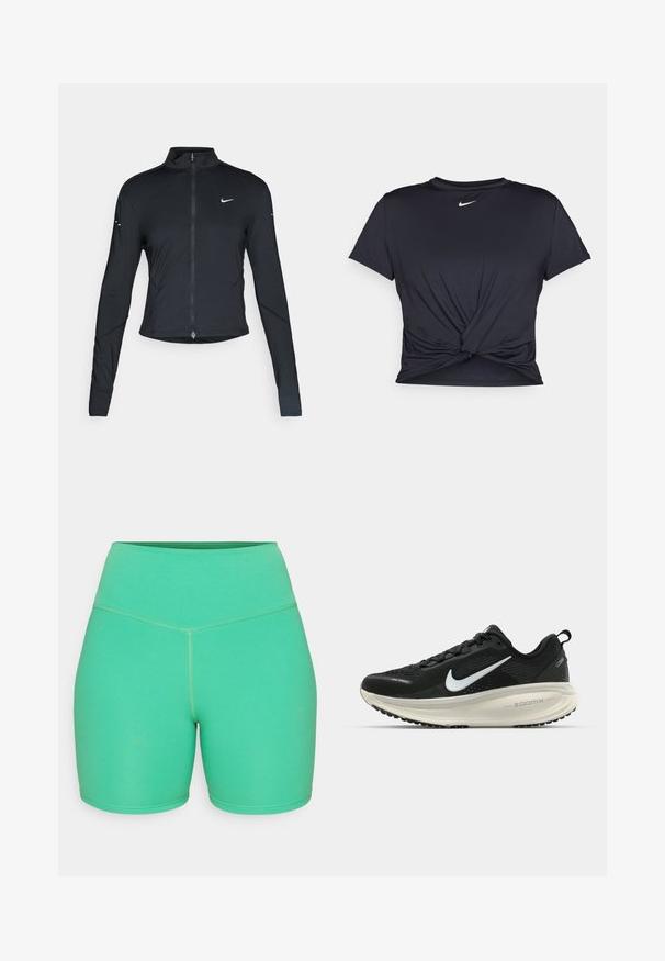 Sort langærmet træningsjakke med frontlynlås og hvid Nike swoosh-logo på venstre bryst, designet til en tætsiddende pasform.; Sort atletisk t-shirt lavet af glat stof, med et knyttet frontdesign og et lille hvidt Nike-logo på brystet.; Grønne atletiske shorts lavet af strækbart materiale, med høj talje, glat overflade og kontraststikninger.; Sort Nike løbesko med åndbart mesh-overdel, hvidt swoosh-logo, tekstureret detaljering og en cremede ZoomX mellemsål.
