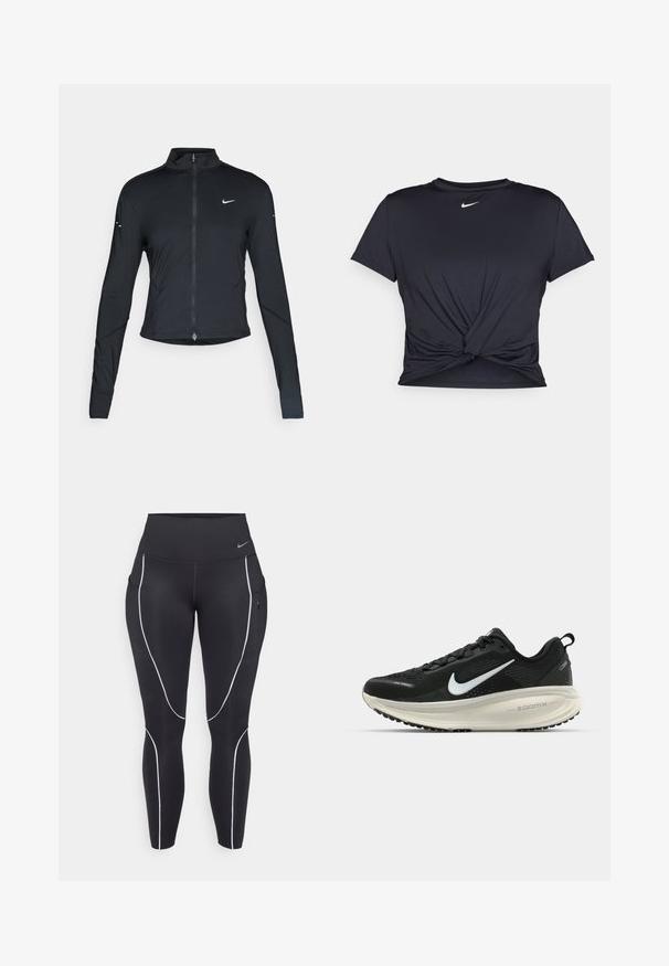 Black long-sleeve athletic jacket with front zipper and white Nike swoosh logo on left chest, designed for a slim fit.; Black athletic t-shirt made of smooth fabric, featuring a knotted front design and a small white Nike logo on the chest.; Black leggings with a high waistband, white piping accents, and side pockets. Made of stretchy fabric for comfort and movement.; Black Nike running shoe with breathable mesh upper, white swoosh logo, textured detailing, and a cream-colored ZoomX midsole.