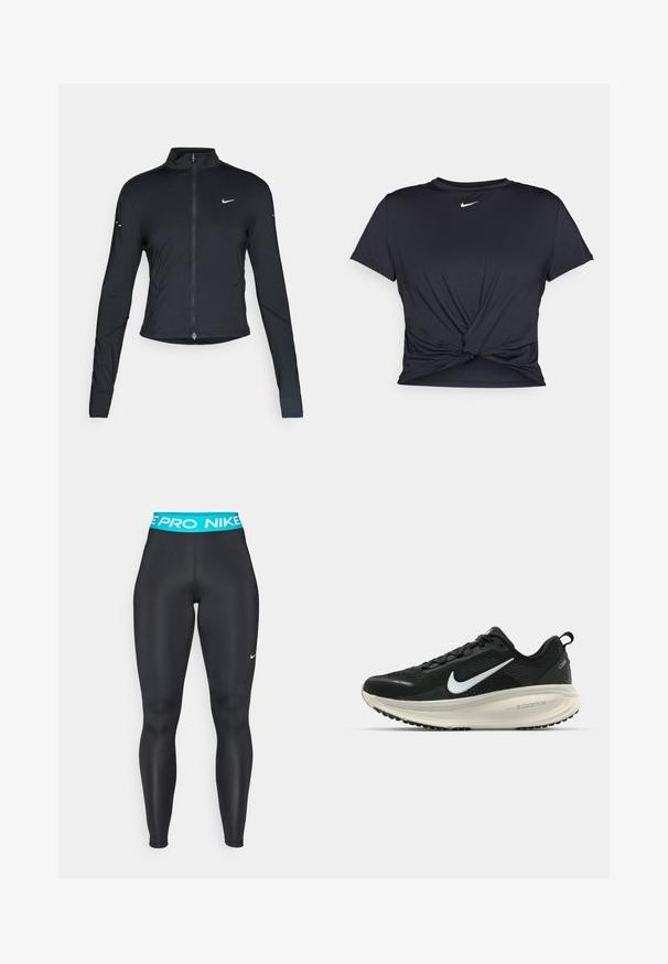 Melnā garo piedurkņu sporta jaka ar priekšējo rāvējslēdzēju un baltu Nike swoosh logo uz kreisā krūts, paredzēta ciešai piegriezei.; Melna sporta t-kreklu ar gludu audumu, ar mezglošanas priekšpusi un mazu baltu Nike logotipu uz krūšu daļas.; Melni sporta legingi ar tirkīza elastīgu jostu, kreisajā kājā ir balts Nike logo. Gluda, elastīga materiāla.; Melnas Nike skriešanas kurpes ar elpojošu acs augšdaļu, baltu Swoosh logotipu, strukturētu apdari un krēmkrāsas ZoomX starpsole.