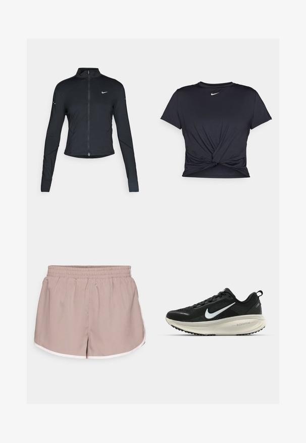 Jachetă sport neagră cu mâneci lungi, fermoar frontal și logo-ul alb al Nike pe pieptul stâng, concepută pentru o croială ajustată.; Tricou sport negru din material neted, cu un design frontal legat și un mic logo Nike alb pe piept.; Pantaloni scurți sport dintr-un material bej deschis, cu un talie elastică, având o umbră albă contrastantă pe margini și un design lejer.; Pantofii de alergare negri de la Nike, cu parte superioară din plasă respirabilă, logo-ul alb Swoosh, detalii texturate și o talpă intermediară ZoomX de culoare crem.