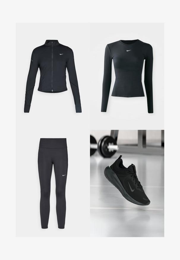 Črna dolgoprogaška jakna s dolgimi rokavi, z zadrgo spredaj in belim logotipom Nike na levem prsnem delu, zasnovana za ohlapno prileganje.; Črn dolg rokav prilegajoč top iz gladkega, raztegljivega materiala. Ima okroglofne izrez in majhen bel Nike logotip na prsih.; Črne legice iz elastične tkanine, z visokim pasom in belim Nike logo na levem stegnu. Gladka tekstura, oblikovno prilegajoč dizajn.; Črne športne teniske z logotipom Nike, prikazane v zraku na telovadni talni površini, v ozadju pa zamegljena vrsta uteži.