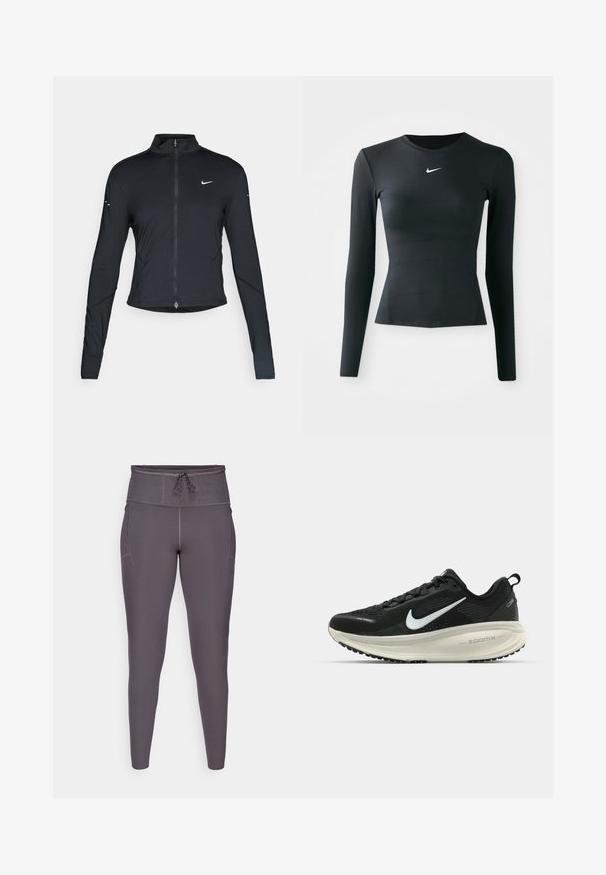 Crna dugoslejeva sportska jakna s prednjim patentnim zatvaračem i bijelim Nike swoosh logom na lijevoj strani prsnog dijela, dizajnirana za uski fit.; Crna dugih rukava uska majica izrađena od glatkog, rastezljivog materijala. Ima kružić vrat i mali bijeli Nike logo na prsima.; Ljubičaste tajice visokog struka s vezicom za zatvaranje, sa glatkom teksturom i bočnim džepovima za dodatnu funkcionalnost.; Crne Nike trkačke tenisice s prozračnom mrežastom gornjom konstrukcijom, bijelim swoosh logotipom, teksturiranim detaljima i kremastom ZoomX srednjom potplatnom jedinicom.