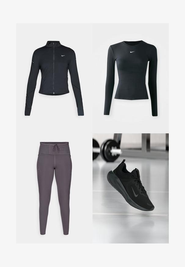 Čierna športová bunda s dlhým rukávom, s predným zipsom a bielym logom Nike swoosh na ľavom prsníku, navrhnutá na tesný strih.; Čierny priliehavý top s dlhými rukávmi vyrobený z hladkého, elastického materiálu. Obsahuje okrúhly výstrih a malé biele logo Nike na hrudi.; Fialové vysoké legíny s gumou na zaväzovanie, so hladkou textúrou a bočnými vreckami pre vyššiu funkčnosť.; Čierne športové tenisky s logom Nike, zobrazené vo vzduchu na podlahe telocvične, s rozmazaným regálom činkami v pozadí.