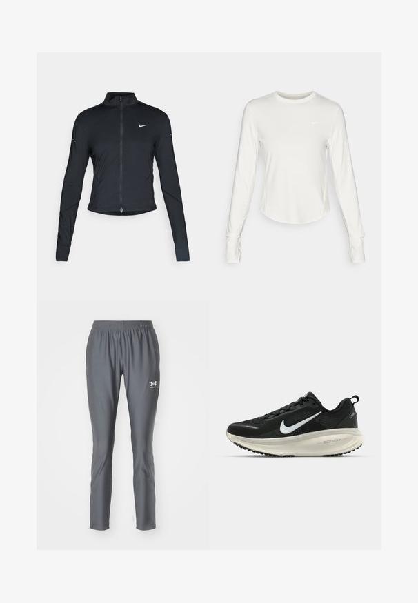 Schwarze, langärmelige Sportjacke mit Frontreißverschluss und weißem Nike-Swoosh-Logo auf der linken Brust, entworfen für eine schlanke Passform.; Weißes langärmliges Sportshirt aus glattem, leichtem Material. Mit rundem Ausschnitt und einem Nike-Logo auf der Brust.; Graue Sporthose aus glattem, leichtem Material mit elastischem Bund und schmal zulaufenden Beinen, versehen mit einem kleinen weißen Logo.; Schwarzer Nike-Laufschuh mit atmungsaktivem Mesh-Obermaterial, weißem Swoosh-Logo, strukturierten Details und einer cremefarbenen ZoomX-Zwischensohle.
