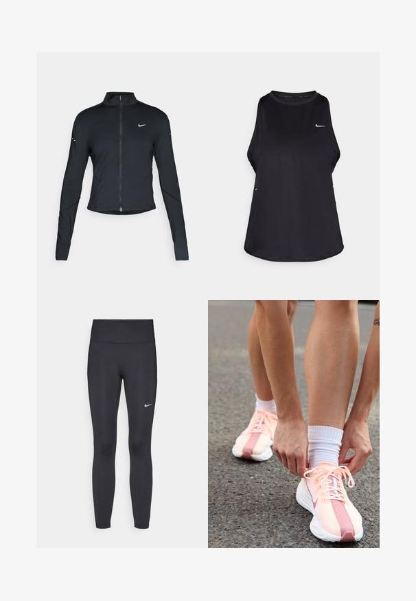 Črna dolgoprogaška jakna s dolgimi rokavi, z zadrgo spredaj in belim logotipom Nike na levem prsnem delu, zasnovana za ohlapno prileganje.; Črna brezrokavna tekaška majica iz lahkega materiala s krožnim izrezom; ima subtilen logotip in stranske razpoke za zračnost.; Črne legice iz elastične tkanine, z visokim pasom in belim Nike logo na levem stegnu. Gladka tekstura, oblikovno prilegajoč dizajn.; Nike Performance PEGASUS PLUS - Tekaški copati za cesto - crimson tint/white/pure platinum/red stardust/vast grey