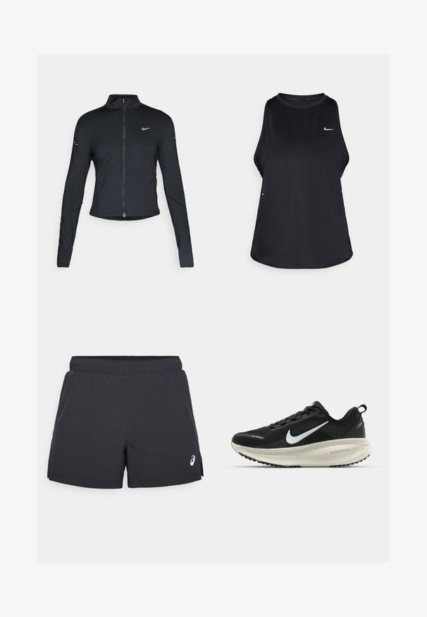 Chaqueta atlética negra de manga larga con cremallera frontal y logo de Nike en blanco en el pecho izquierdo, diseñada para un ajuste slim.; Camiseta de running sin mangas en color negro, fabricada con material ligero y con cuello redondo; cuenta con un logo sutil y aberturas laterales para mayor transpirabilidad.; Pantalones cortos deportivos negros con cintura elástica, aberturas laterales y un logo blanco en la parte inferior izquierda. Material suave y ligero.; Zapatilla de running Nike negra con parte superior de malla transpirable, logo Swoosh blanco, detalles texturizados y una entresuela ZoomX de color crema.