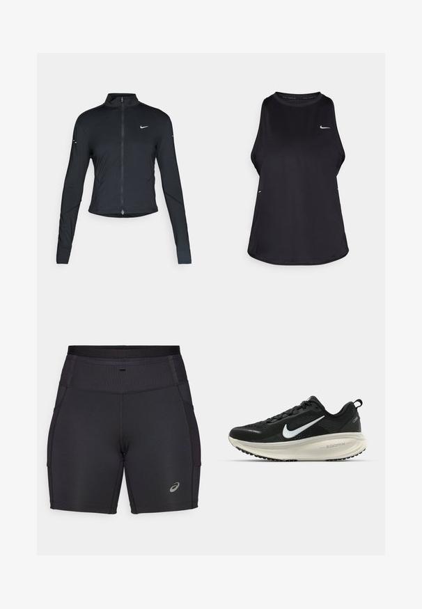 Czarna, długorękawowa, sportowa kurtka z zamkiem błyskawicznym z przodu i białym logo Nike swoosh na lewej piersi, zaprojektowana z myślą o szczupłym kroju.; Czarny bezrękawnik biegowy wykonany z lekkiego materiału, z okrągłym dekoltem; ma subtelne logo oraz boczne rozcięcia dla lepszej wentylacji.; Czarne spodenki sportowe wykonane z elastycznej tkaniny. Posiadają wysoki, ribbowany pas i boczne kieszenie. Zawierają refleksyjny akcent z logo.; Czarna biegowa półbut z oddychającej siateczki, białym logo swoosh, teksturowanymi detalami oraz kremową podeszwą środkową ZoomX.