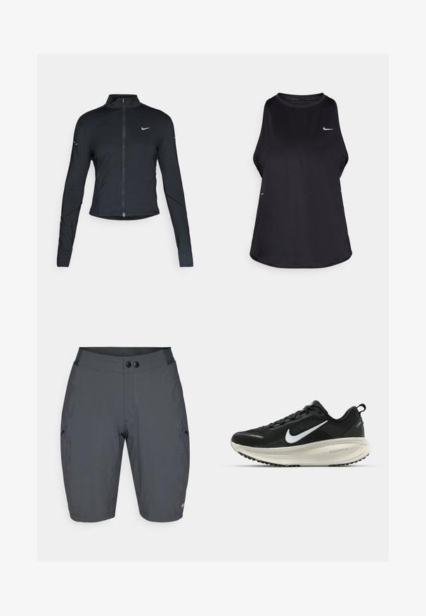 Čierna športová bunda s dlhým rukávom, s predným zipsom a bielym logom Nike swoosh na ľavom prsníku, navrhnutá na tesný strih.; Čierny bezrukávový bežecký top vyrobený z ľahkého materiálu s okrúhlym výstrihom; obsahuje diskrétne logo a bočné rozparky pre lepšiu priedušnosť.; Tmavohnedé kraťasy s hladkým, elastickým materiálom. Majú široký pás s dvoma čiernymi gombíkmi a šikmými bočnými vreckami.; Čierne bežecké topánky Nike s priedušnou sieťovinou, bielym logom s symbolom swoosh, textúrovanými detailmi a krémovou ZoomX medzipodrážkou.