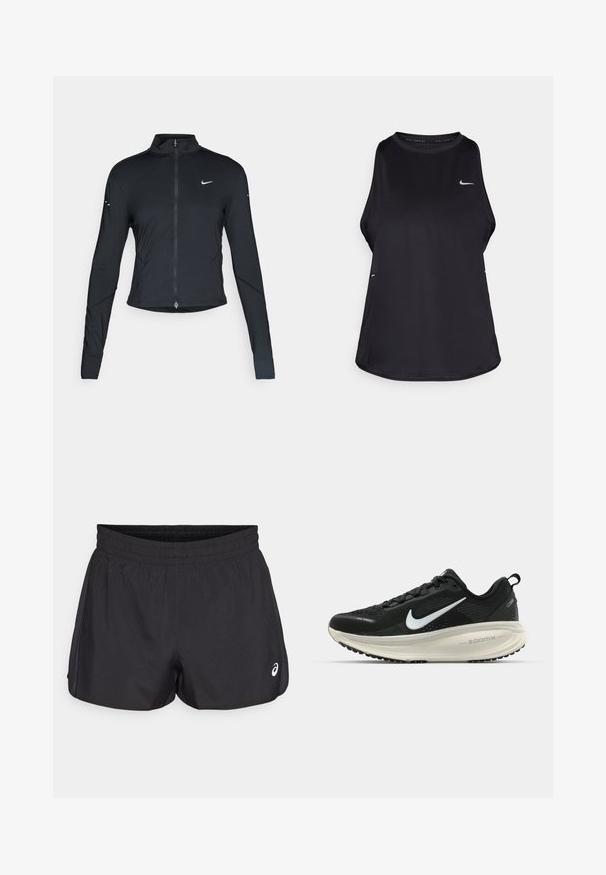 Veste de sport noire à manches longues avec fermeture éclair à l'avant et logo Nike swoosh blanc sur la poitrine gauche, conçue pour un ajustement slim.; Débardeur de course sans manches noir, fabriqué dans un matériau léger, avec un col rond ; présente un logo discret et des fentes sur les côtés pour une meilleure respirabilité.; Shorts de sport noirs avec une taille élastique, texture lisse, ourlet arrondi et accents en mesh sur les côtés. Présente un petit logo à l'avant.; Baskets de course noir Nike avec tige respirante en mesh, logo swoosh blanc, détails texturés et semelle intermédiaire ZoomX de couleur crème.