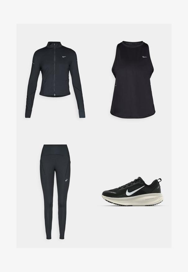 Sort langærmet træningsjakke med frontlynlås og hvid Nike swoosh-logo på venstre bryst, designet til en tætsiddende pasform.; Sort ærmeløs løbetrøje lavet af let materiale med rund hals; har et diskret logo og sideåbninger for åndbarhed.; Sorte atletiske tights med høj talje, glat tekstur og sidelommer; inkluderer et lille logo på venstre ben.; Sort Nike løbesko med åndbart mesh-overdel, hvidt swoosh-logo, tekstureret detaljering og en cremede ZoomX mellemsål.