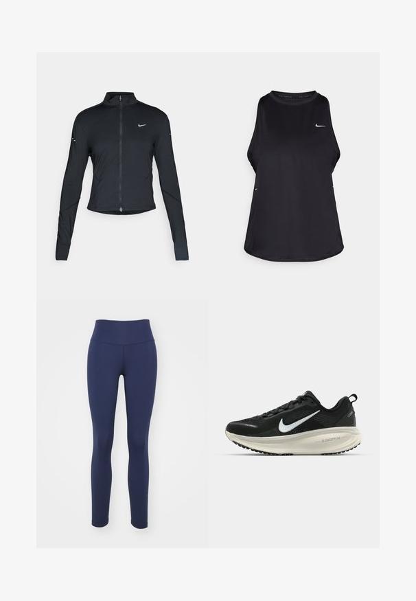 Černá sportovní bunda s dlouhým rukávem, s předním zapínáním na zip a bílým logem Nike swoosh na levé části hrudníku, navržena pro slim fit.; Černý bezrukávový sportovní top vyrobený z lehkého materiálu s kulatým výstřihem; má decentní logo a boční rozparky pro lepší prodyšnost.; Nike Performance ONE - Punčochy - obsidian/black; Černá běžecká obuv Nike s prodyšným síťovaným svrškem, bílým logem swoosh, texturovanými detaily a krémovou mezipodešví ZoomX.