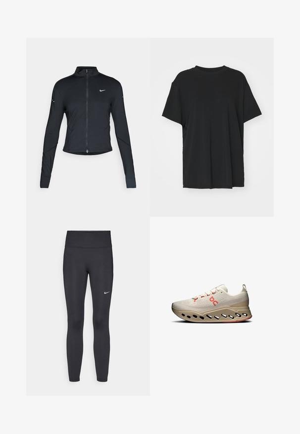 Veste de sport noire à manches longues avec fermeture éclair à l'avant et logo Nike swoosh blanc sur la poitrine gauche, conçue pour un ajustement slim.; T-shirt noir à manches courtes en tissu lisse, avec un col ras du cou et une coupe décontractée. Présente des fentes sur les côtés pour plus de confort et de respirabilité.; Leggings noirs en tissu extensible, dotés d'une taille haute et d'un logo Nike blanc sur la cuisse gauche. Texture lisse, design ajusté.; Baskets de sport beiges claires avec une tige texturée, des accents rouges et une semelle innovante dotée d'ouvertures pour la respirabilité et l'amorti.